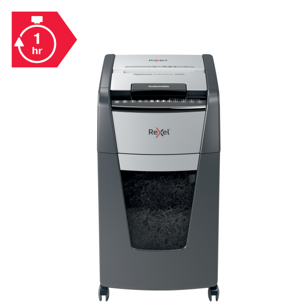 Rexel Optimum AutoFeed+ 300M Aktenvernichter mit Partikelschnitt P-5, 2 x 15 mm, bis 300 Blatt, schwarz