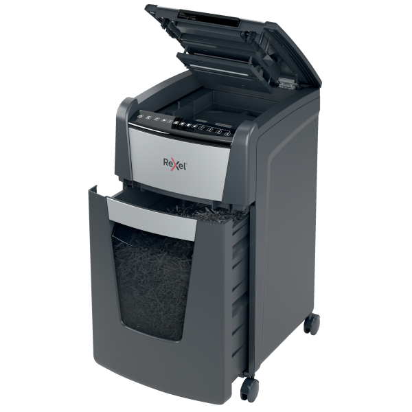 Rexel Optimum AutoFeed+ 300M Aktenvernichter mit Partikelschnitt P-5, 2 x 15 mm, bis 300 Blatt, schwarz