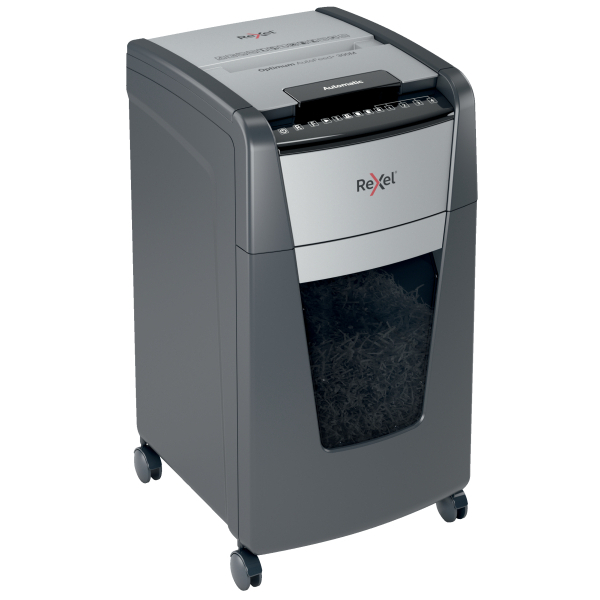 Rexel Optimum AutoFeed+ 300M Aktenvernichter mit Partikelschnitt P-5, 2 x 15 mm, bis 300 Blatt, schwarz