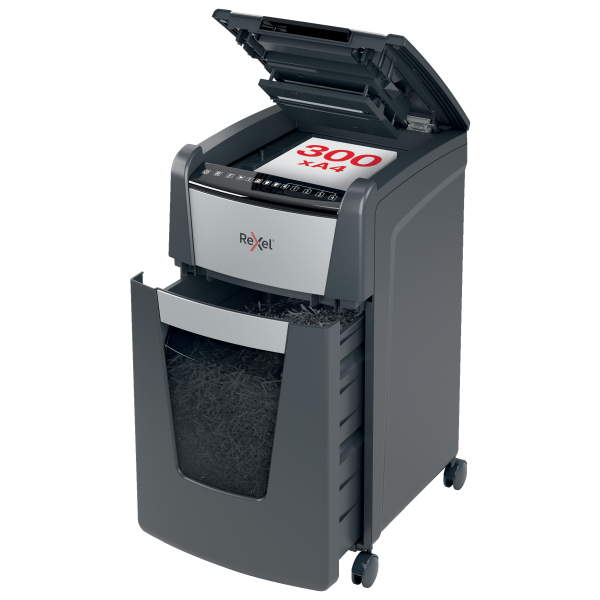 Rexel Optimum AutoFeed+ 300X Aktenvernichter mit Partikelschnitt P-4, 4 x 26 mm, bis 300 Blatt, schwarz