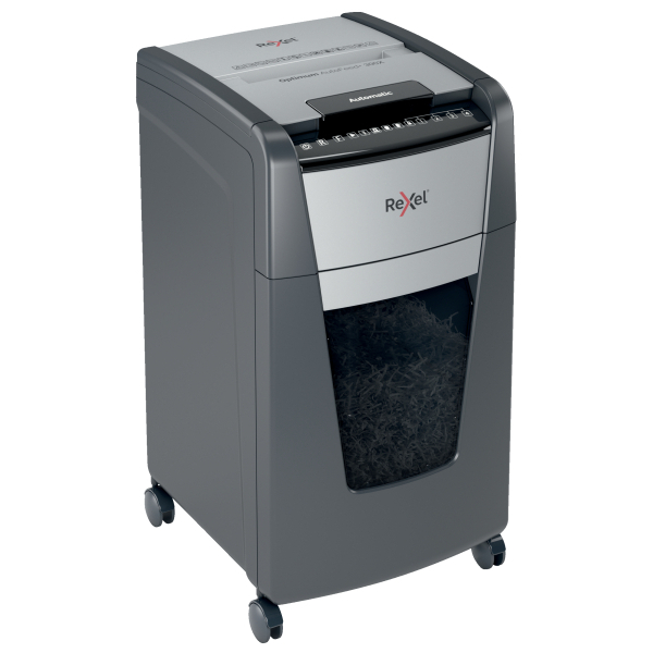 Rexel Optimum AutoFeed+ 300X Aktenvernichter mit Partikelschnitt P-4, 4 x 26 mm, bis 300 Blatt, schwarz
