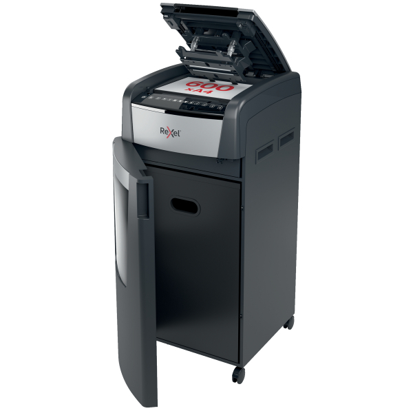 Rexel Optimum AutoFeed+ 600X Aktenvernichter mit Partikelschnitt P-4, 4 x 28 mm, bis 600 Blatt, schwarz