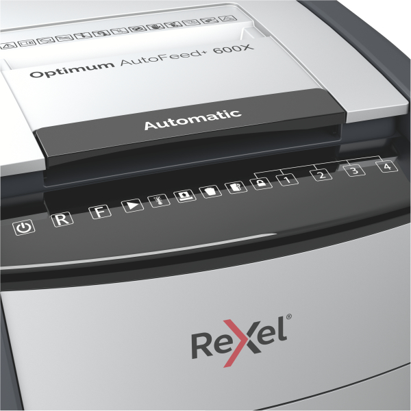 Rexel Optimum AutoFeed+ 600X Aktenvernichter mit Partikelschnitt P-4, 4 x 28 mm, bis 600 Blatt, schwarz