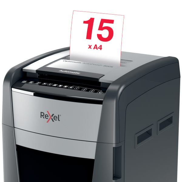 Rexel Optimum AutoFeed+ 600X Aktenvernichter mit Partikelschnitt P-4, 4 x 28 mm, bis 600 Blatt, schwarz