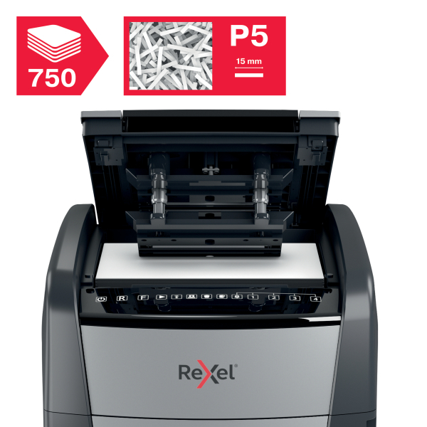 Rexel Optimum AutoFeed+ 750M Aktenvernichter mit Partikelschnitt P-5, 2 x 15 mm, bis 750 Blatt, schwarz