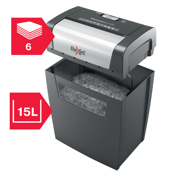 Rexel Momentum X406 Aktenvernichter mit Partikelschnitt P-4, 4 x 28 mm, bis 6 Blatt, schwarz