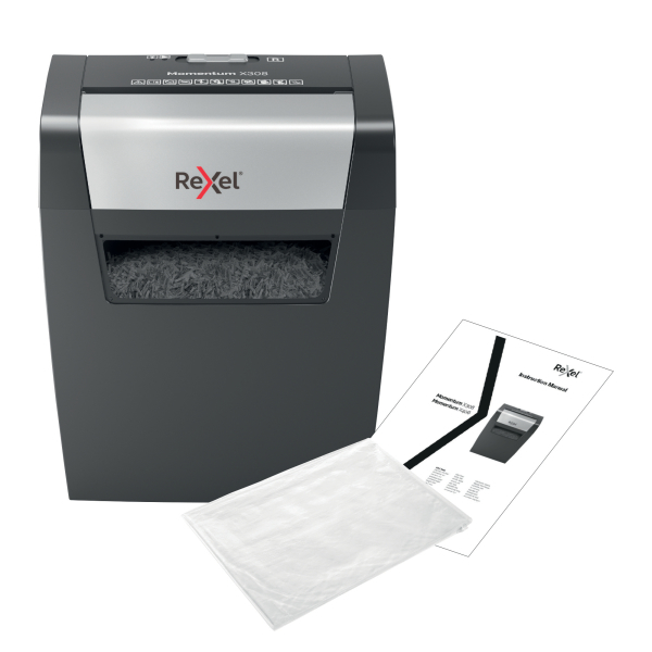 Rexel Momentum X308 Aktenvernichter mit Partikelschnitt P-3, 5 x 42 mm, bis 8 Blatt, schwarz