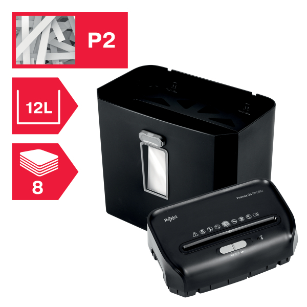 Rexel ProMax RPS812 Aktenvernichter mit Streifenschnitt P-2, 6 mm, bis 8 Blatt, schwarz