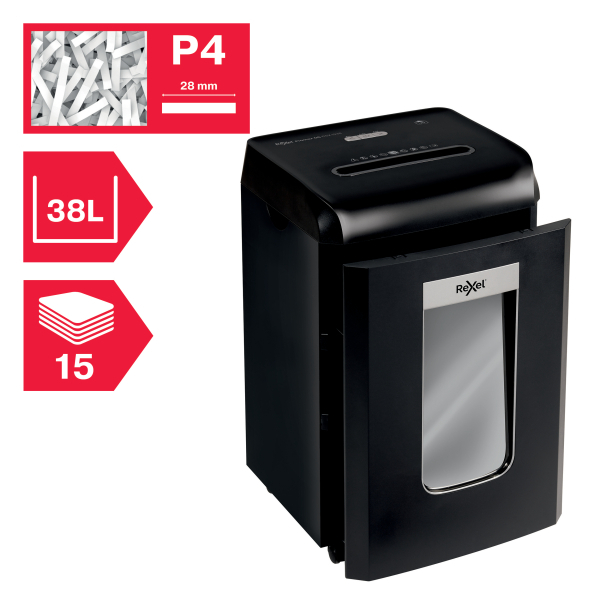 Rexel ProMax RSX1538 Aktenvernichter mit Partikelschnitt P-4, 4 x 40 mm, bis 15 Blatt, schwarz