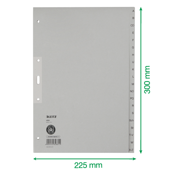 LEITZ Ordnerregister DIN A4+ Vollformat A-Z grau 20-teilig, 1 Satz