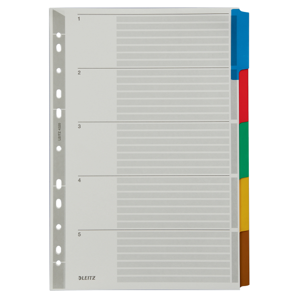 LEITZ Ordnerregister DIN A4 Vollformat blanko farbig 5-teilig, 1 Satz