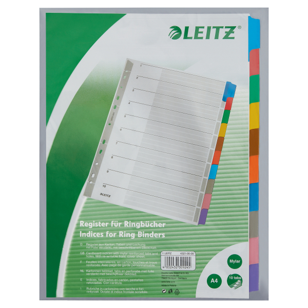 LEITZ Ordnerregister DIN A4 Vollformat blanko farbig 10-teilig, 1 Satz