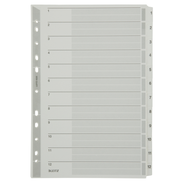 LEITZ Ordnerregister DIN A4 Vollformat 1-12 grau 12-teilig, 1 Satz