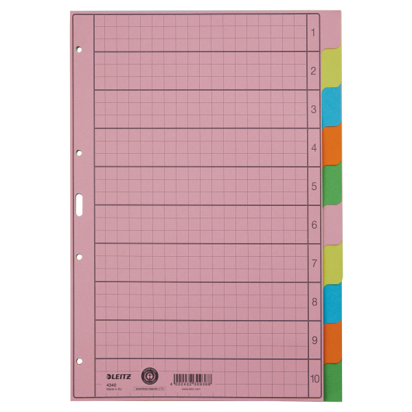 LEITZ Ordnerregister DIN A4 Vollformat blanko farbig 10-teilig, 1 Satz