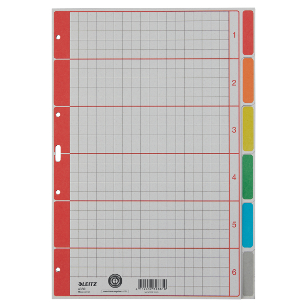 LEITZ Ordnerregister DIN A4 Vollformat 1-6 grau, farbig 6-teilig, 1 Satz