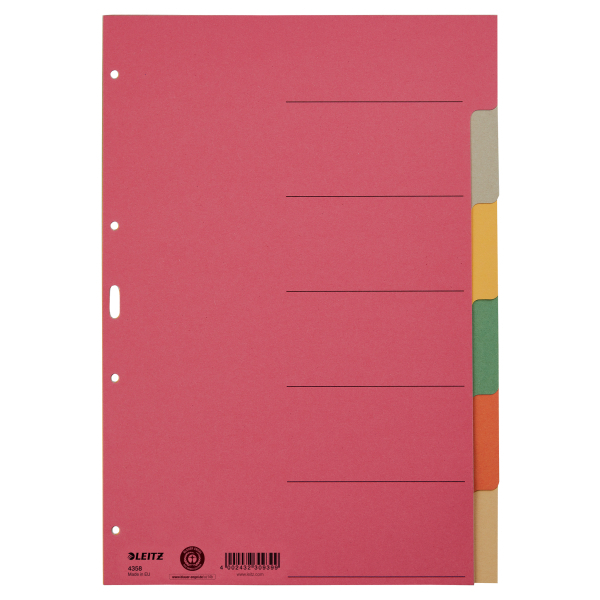 LEITZ Ordnerregister DIN A4 Vollformat blanko farbig 6-teilig, 1 Satz
