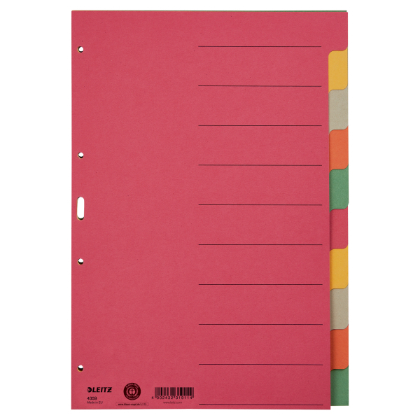 LEITZ Ordnerregister DIN A4 Vollformat blanko farbig 10-teilig, 1 Satz