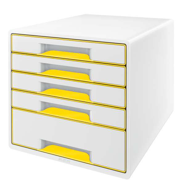 LEITZ Schubladenbox WOW Cube perlweiß/gelb 52142016, DIN A4 mit 5 Schubladen, 1 St.