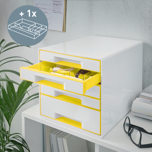 LEITZ Schubladenbox WOW Cube perlweiß/gelb 52142016, DIN A4 mit 5 Schubladen, 1 St.