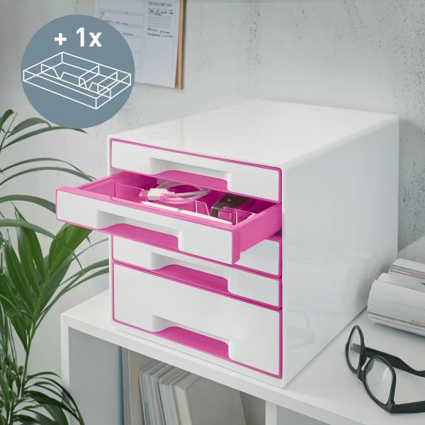 LEITZ Schubladenbox WOW Cube perlweiß/pink 52142023, DIN A4 mit 5 Schubladen, 1 St.
