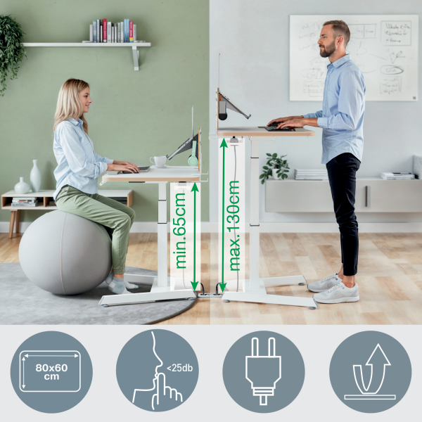 LEITZ Ergo 65340001 elektrisch höhenverstellbarer Schreibtisch weiß rechteckig, A-Fuß-Gestell weiß 80,0 x 60,0 cm