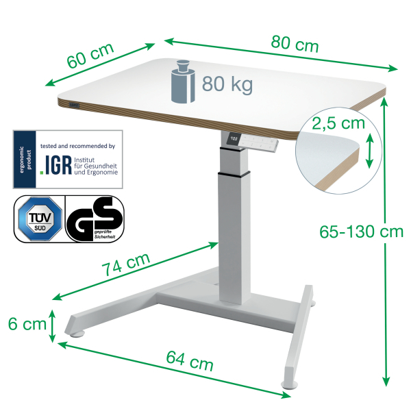 LEITZ Ergo 65340001 elektrisch höhenverstellbarer Schreibtisch weiß rechteckig, A-Fuß-Gestell weiß 80,0 x 60,0 cm