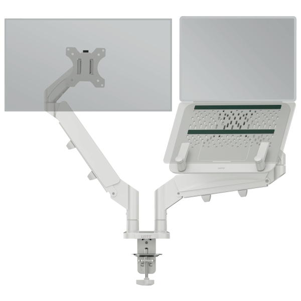 LEITZ Laptop-Monitor-Halterung Ergo 65380085 lichtgrau für 1 Monitor und 1 Laptop, Tischklemme