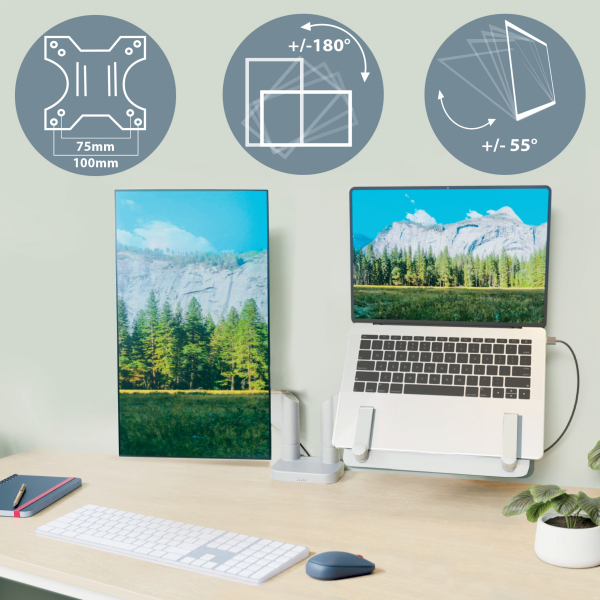LEITZ Laptop-Monitor-Halterung Ergo 65380085 lichtgrau für 1 Monitor und 1 Laptop, Tischklemme