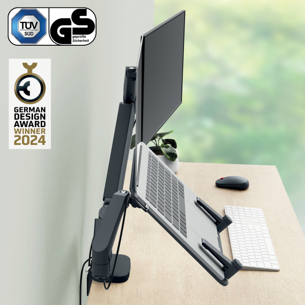 LEITZ Laptop-Monitor-Halterung Ergo 65380089 dunkelgrau für 1 Monitor und 1 Laptop, Tischklemme