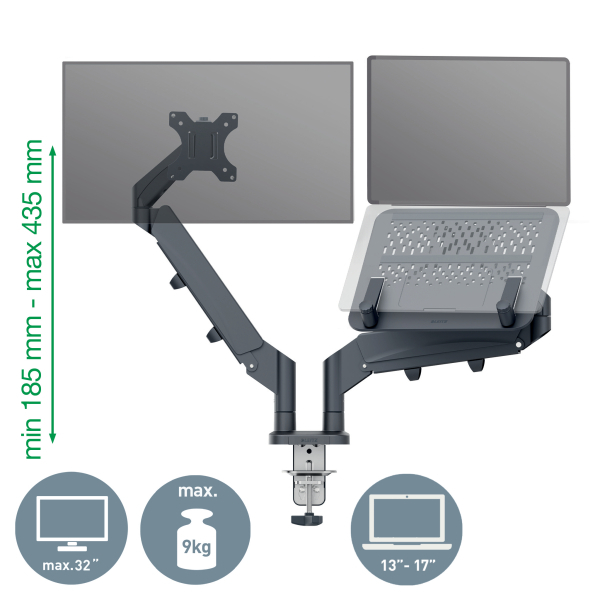 LEITZ Laptop-Monitor-Halterung Ergo 65380089 dunkelgrau für 1 Monitor und 1 Laptop, Tischklemme