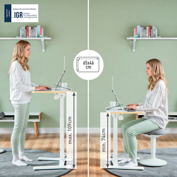 LEITZ Ergo Compact höhenverstellbarer Schreibtisch weiß rechteckig, A-Fuß-Gestell weiß 65,0 x 46,0 cm