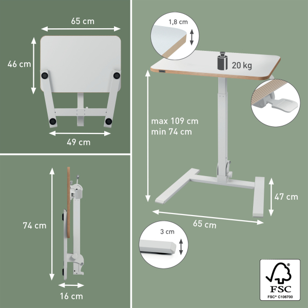 LEITZ Ergo Compact höhenverstellbarer Schreibtisch weiß rechteckig, A-Fuß-Gestell weiß 65,0 x 46,0 cm