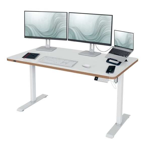 LEITZ Ergo 67730001 elektrisch höhenverstellbarer Schreibtisch weiß rechteckig abgerundet, T-Fuß-Gestell weiß 140,0 x 80,0 cm