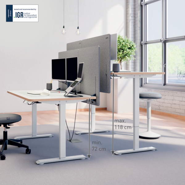 LEITZ Ergo 67730001 elektrisch höhenverstellbarer Schreibtisch weiß rechteckig abgerundet, T-Fuß-Gestell weiß 140,0 x 80,0 cm