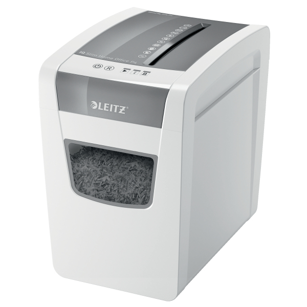 LEITZ IQ Home Office Slim Aktenvernichter mit Partikelschnitt P-4, 4 x 28 mm, bis 10 Blatt, weiß