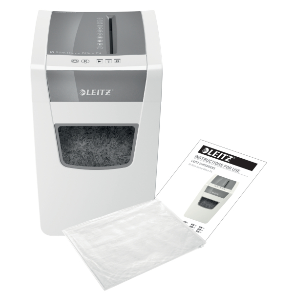 LEITZ IQ Home Office Slim Aktenvernichter mit Partikelschnitt P-4, 4 x 28 mm, bis 10 Blatt, weiß