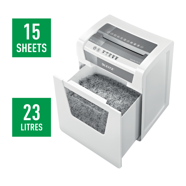 LEITZ IQ Office Aktenvernichter mit Partikelschnitt P-4, 4 x 40 mm, bis 15 Blatt, weiß
