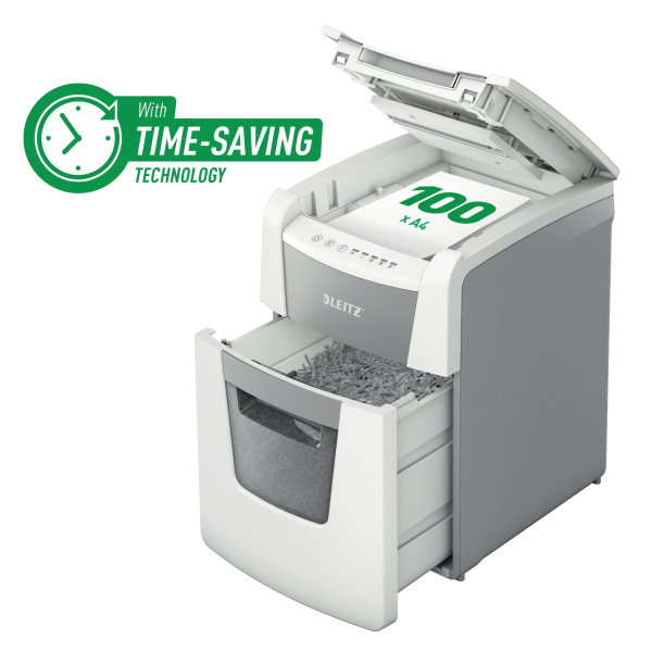 LEITZ IQ Autofeed Small Office 100 Aktenvernichter mit Partikelschnitt P-4, 4 x 28 mm, bis 100 Blatt, weiß