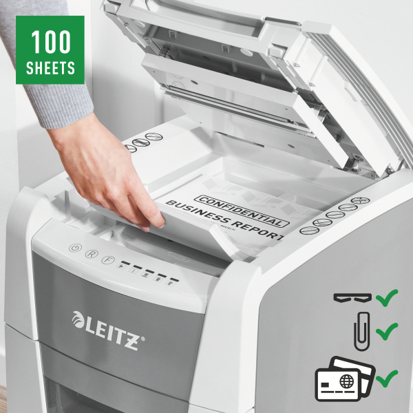 LEITZ IQ Autofeed Small Office 100 Aktenvernichter mit Partikelschnitt P-4, 4 x 28 mm, bis 100 Blatt, weiß