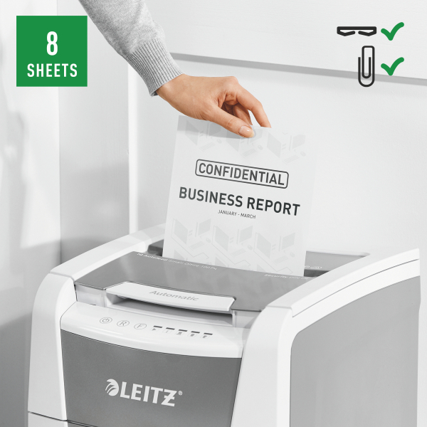 LEITZ IQ Autofeed Small Office 100 Aktenvernichter mit Partikelschnitt P-4, 4 x 28 mm, bis 100 Blatt, weiß