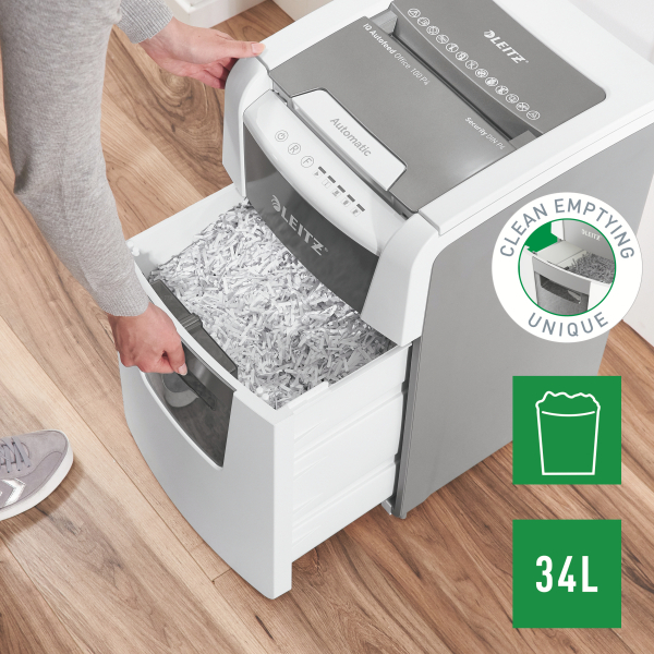LEITZ IQ Autofeed Small Office 100 Aktenvernichter mit Partikelschnitt P-4, 4 x 28 mm, bis 100 Blatt, weiß