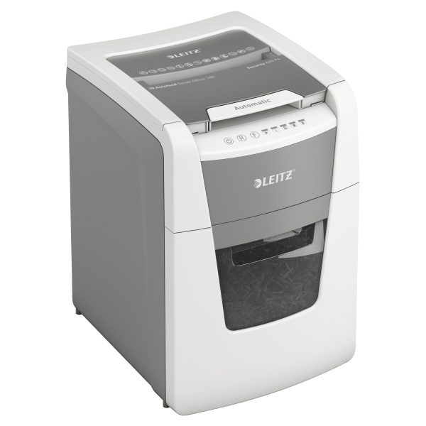 LEITZ IQ Autofeed Small Office 100 Aktenvernichter mit Partikelschnitt P-4, 4 x 28 mm, bis 100 Blatt, weiß