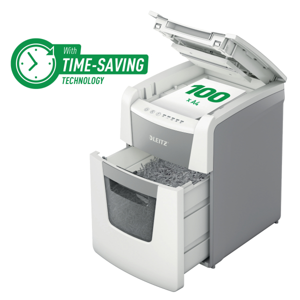 LEITZ IQ Autofeed Small Office 100 Aktenvernichter mit Partikelschnitt P-5, 2 x 15 mm, bis 100 Blatt, weiß