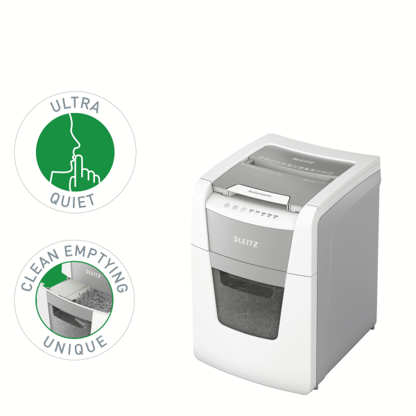 LEITZ IQ Autofeed Small Office 100 Aktenvernichter mit Partikelschnitt P-5, 2 x 15 mm, bis 100 Blatt, weiß