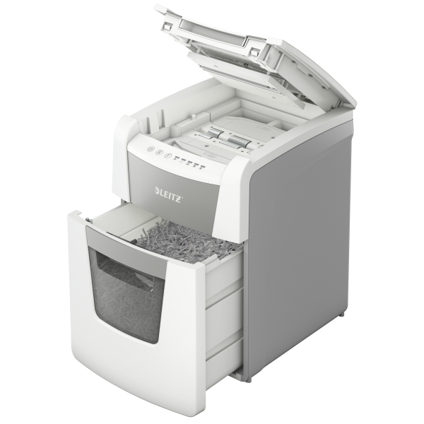 LEITZ IQ Autofeed Small Office 100 Aktenvernichter mit Partikelschnitt P-5, 2 x 15 mm, bis 100 Blatt, weiß