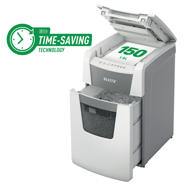 LEITZ IQ Autofeed Small Office 150 Aktenvernichter mit Partikelschnitt P-4, 4 x 28 mm, bis 150 Blatt, weiß