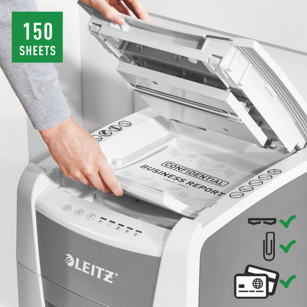 LEITZ IQ Autofeed Small Office 150 Aktenvernichter mit Partikelschnitt P-4, 4 x 28 mm, bis 150 Blatt, weiß