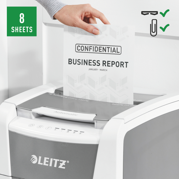 LEITZ IQ Autofeed Small Office 150 Aktenvernichter mit Partikelschnitt P-4, 4 x 28 mm, bis 150 Blatt, weiß