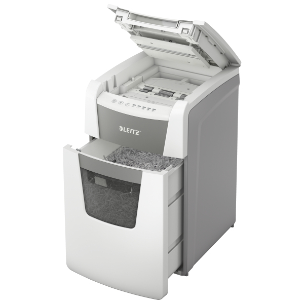 LEITZ IQ Autofeed Small Office 150 Aktenvernichter mit Partikelschnitt P-4, 4 x 28 mm, bis 150 Blatt, weiß