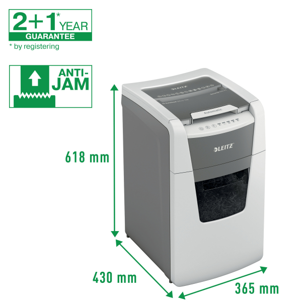 LEITZ IQ Autofeed Small Office 150 Aktenvernichter mit Partikelschnitt P-4, 4 x 28 mm, bis 150 Blatt, weiß